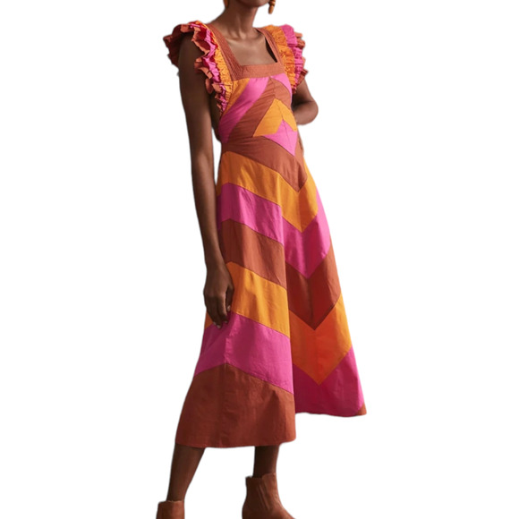 Love the Label Ruffle Strap Colorblock Midi Dress Cotton Pink Orange Medium - Picture 1 of 11